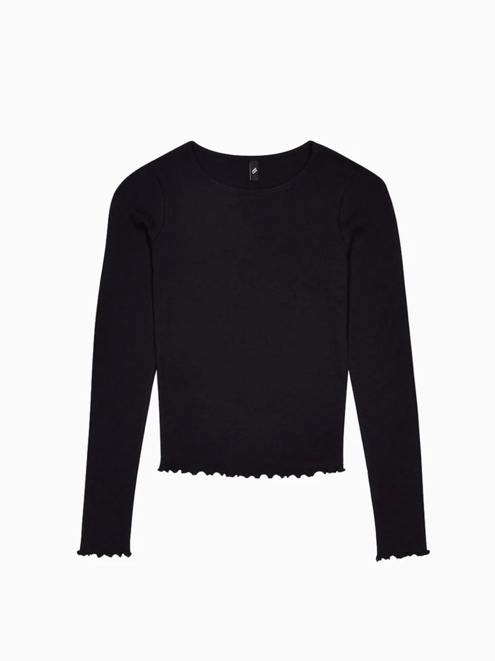 Black Ribbed Long-Sleeve Tee with Lettuce-Edge Hem